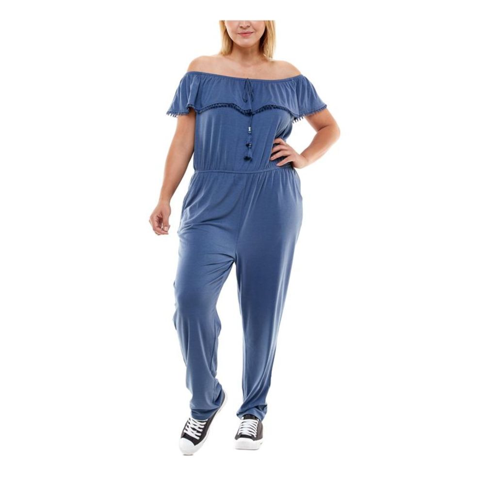 PLANET GOLD PLUS Womens Blue Tie  Crochet Trim Straight leg Jumpsuit Plus 1X